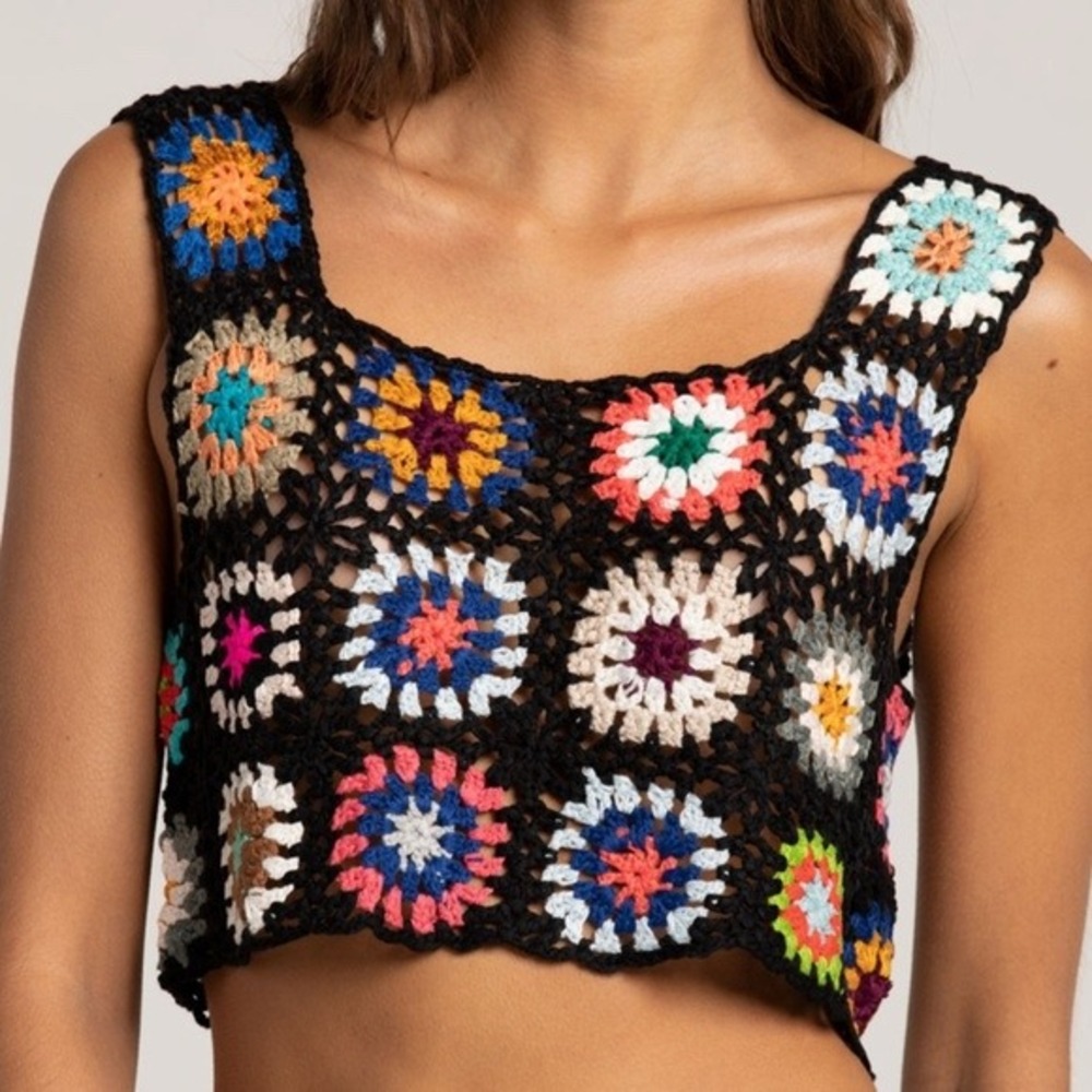 Crochet Granny Square Crop Top Multi‎ Color Boho Festival Sleeveless Tank 3XL